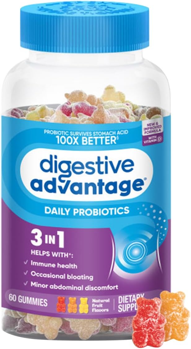 Digestive Advantage Probiotic Gummies For Digestive Health, Daily Probiotics For Women & Men, Support For Occasional Bloating, Minor Abdominal Discomfort & Gut Health, 60ct Natural Fruit Flavors