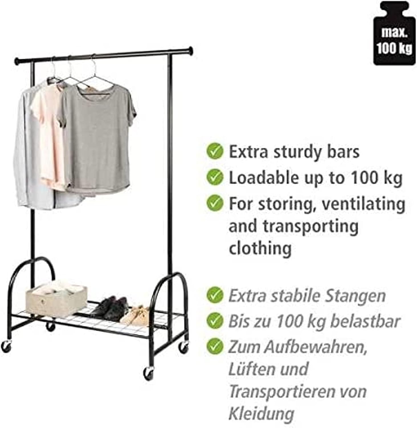 WENKO Clothing Rack, Rolling Clothes Rack with Bottom Shelf, Hanging Clothes Garment Rack with Wheels, Standing Cloth Organizer, Heavy Duty, 47.6 x 72.8 x 20.5 in, Black