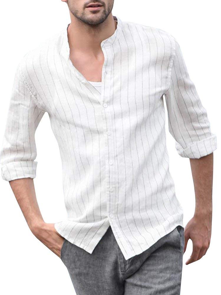 ShallGood Hombre Camisa Básica De Manga Larga Casual Elástica Camisa Lino Formal Slim Fit Shirt Cuello Mao Camisa para Hombre