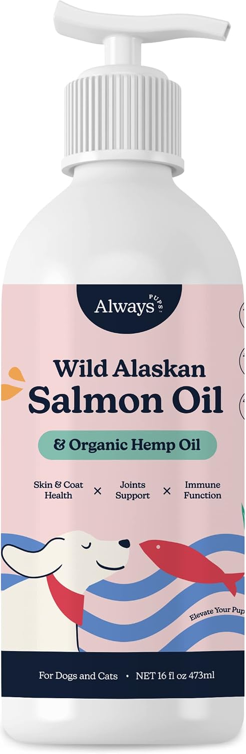 AlwaysPups Wild Salmon Oil for Dogs, Omega 3 Fish Oil with Organic Plant Based Omegas & Vitamin E, Skin and Coat Supplement (16 OZ…