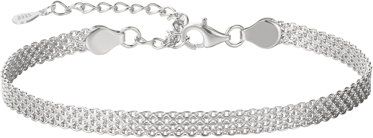 Exquisite Weaving Mesh Bracelets for Women 925 Sterling Silver Chunky Trendy Link Chain Bracelet for Men 14K Gold Plated Dainty Simple Adjustable Bracelets Jewelry Size 16+3 CM Wedding Birthday Gift