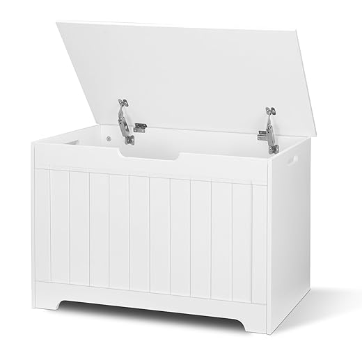 SUPER DEAL Storage Chest, 30 inches Chest Box Organizer with 2 Safety Hinges, Wooden Entryway Storage Bench, White