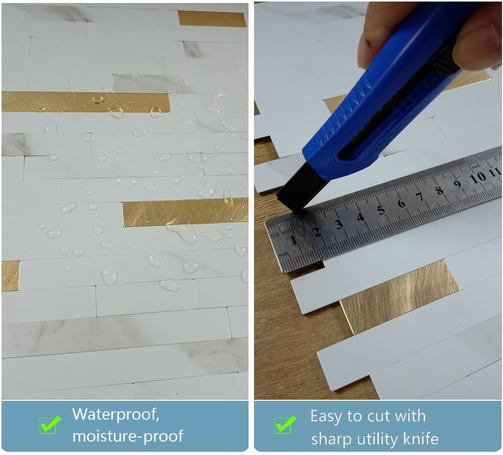 XUANINY Peel and Stick Backsplash for Kitchen Bathroom, Self Adhesive PVC Stone Grain Tiles Subway 3D Wall Sticker(10 Sheets) (10, White Stone + Frosted Golden)
