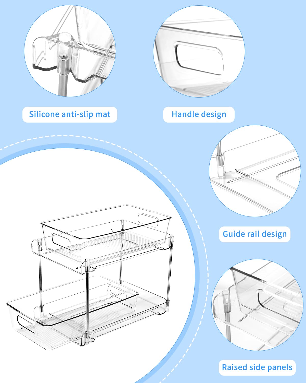 Organisateurs sous Évier 2 Niveaux, Lot de 2 Coulissant, Rangement et Organisation Polyvalente de Cuisine, Transparent