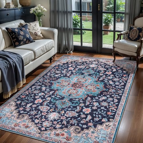 Tapete Boho Floral Lavable Azul 3 x 5 pies miniatura 1
