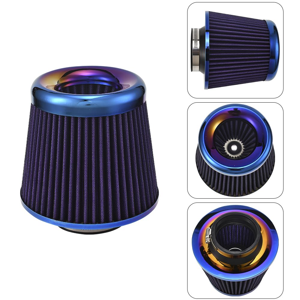 Car Air Intake Filter, 76mm/3.0” Universal High Performance Cold Air Intakes, Bluing Washable & Reusable Ram Air Filter Induction Kit with Clamp Ring for Car/Motorcycle/Boat (Purple)