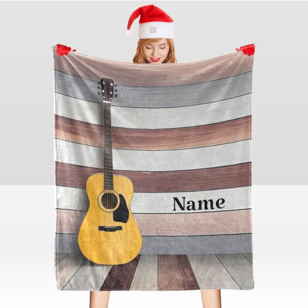 Custom Blanket with Name Text Personalized Wooden Guitar Soft Fleece Throw Blanket for Gifts (50 X 60 inches)