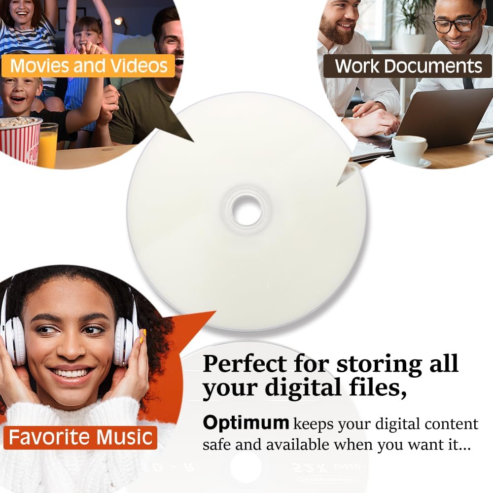 OPTIMUM CD-R Blank Disc 700MB 52X Moisture Resistant White Inkjet Hub Printable Recordable Media - 100 Discs (no Container) Blank CDs for Music Audio Data