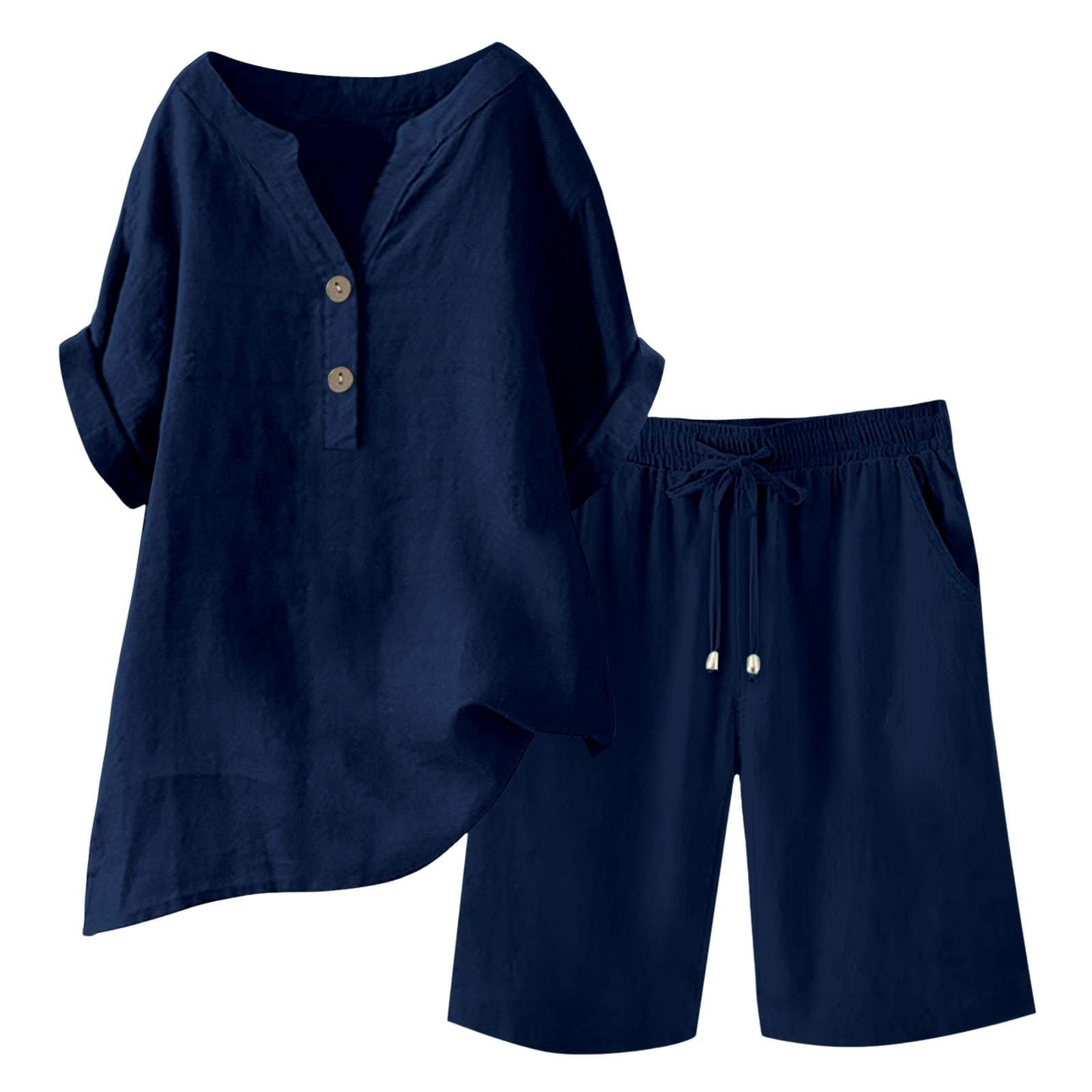 2-teiliges Damen-Outfit mit weitem Bein, Bluse, Taschen, elastische Hosen-Sets, lässiges V-Ausschnitt-Shirt, Hose, modische Streetwear51# L