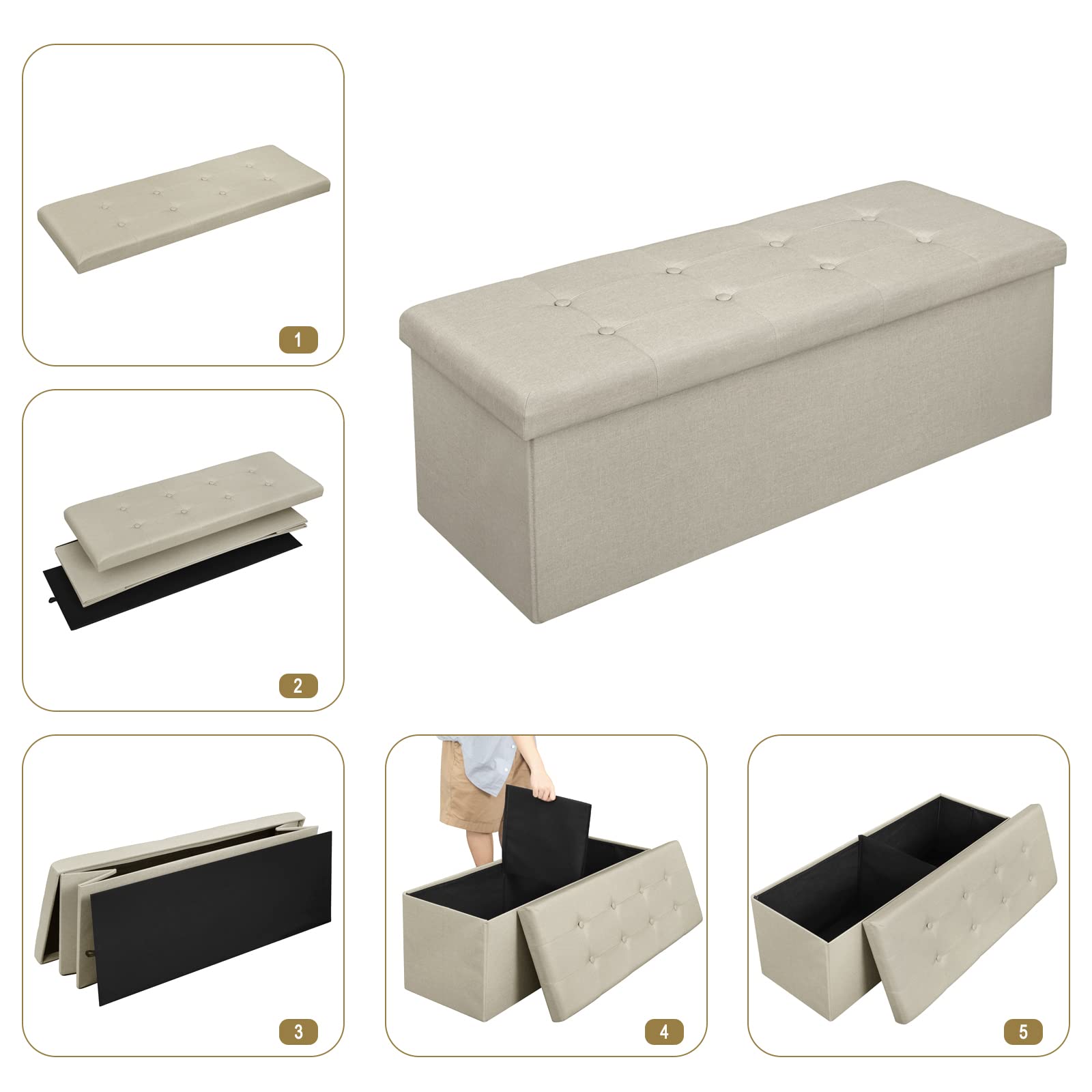 WOLTU Taburete con Espacio de Almacenamiento Caja de Tapa extraíble, Resto de Lino tapizado, 110x37,5x38 CM, Beige,