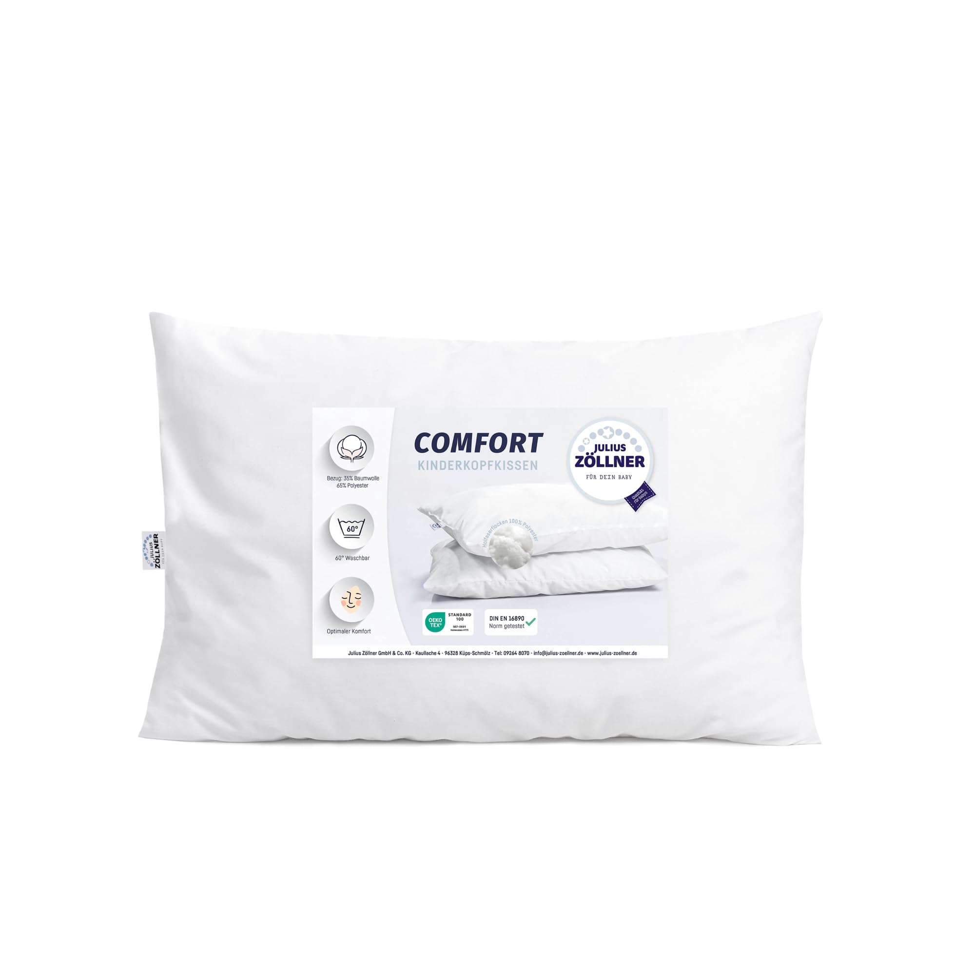Julius Zöllner® Poduszka Comfort 40 x 60 – poduszka dziecięca dla zdrowego snu – można prać w temperaturze 60°C i Öko-Tex Standard 100 – Made in Germany, biała