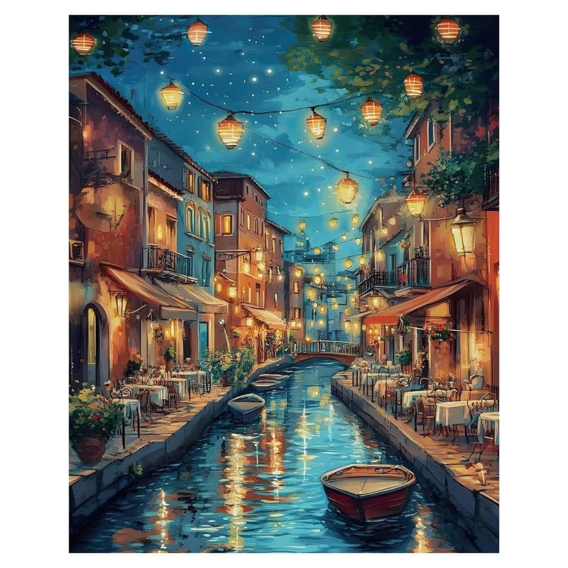 Image of HASTHIP DIY Venetian Paint by Numbers Kit, Pre-Outlined Canal Night Romantic Starry Sky Scene with Numbered Sections, DIY Oil Painting Craft Kit Art Craft, 40x50cm, Includes Pigments and Tools