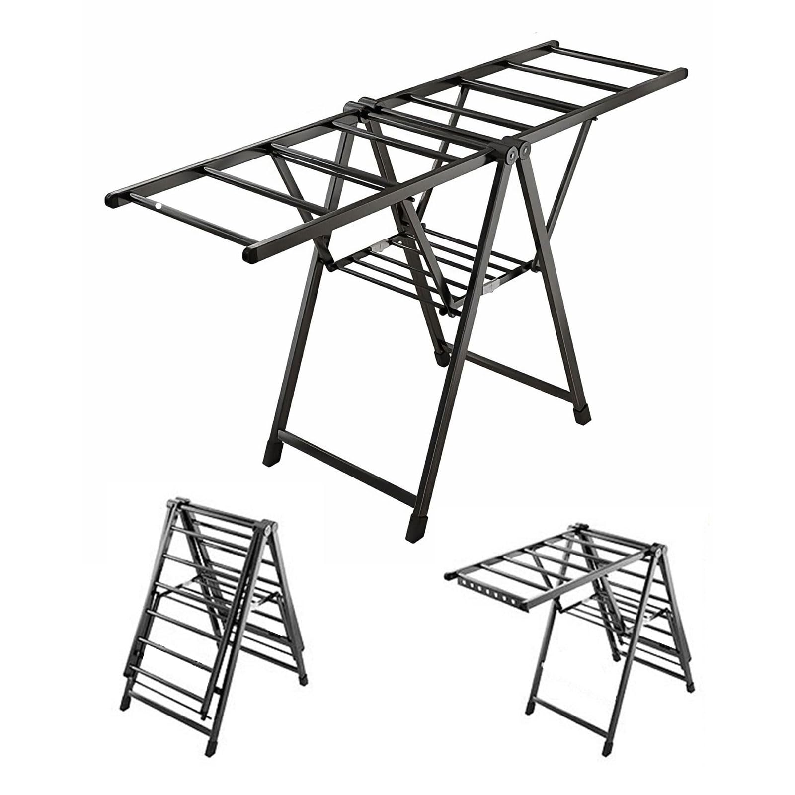 BCJMKDX folding clothes horse, 2-Tier Folding Laundry Drying Rack With Height-Adjustable Wings, Aluminum Floor Clothes(Basic,140cm black)