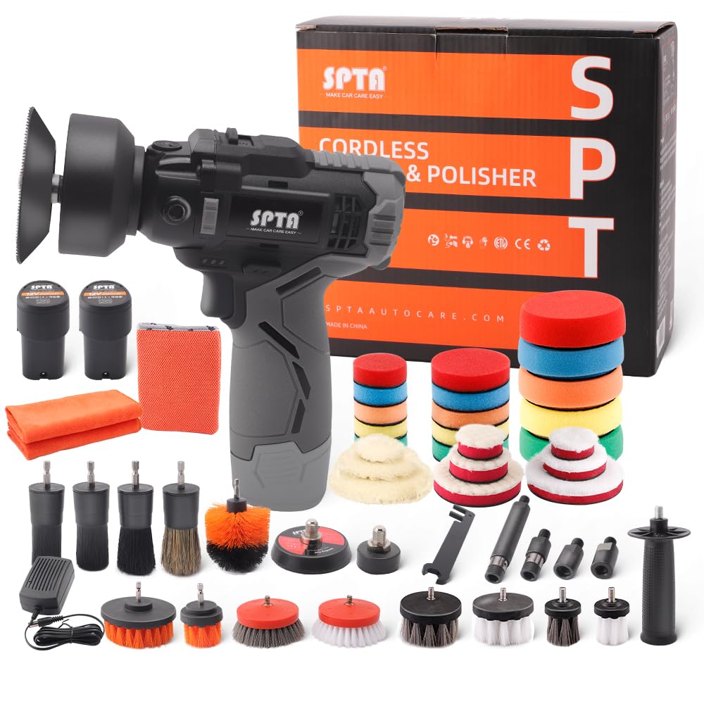 SPTA Poliermaschine, 12V Akku 2.0 Ah Polierer Auto Schleifmaschine Set Profiset Auto Politur Set mit 2tlg Batterie, 37tlg Polierschwamm Pollierpad, Polierfell,Polierteller für Auto KFZ Boot