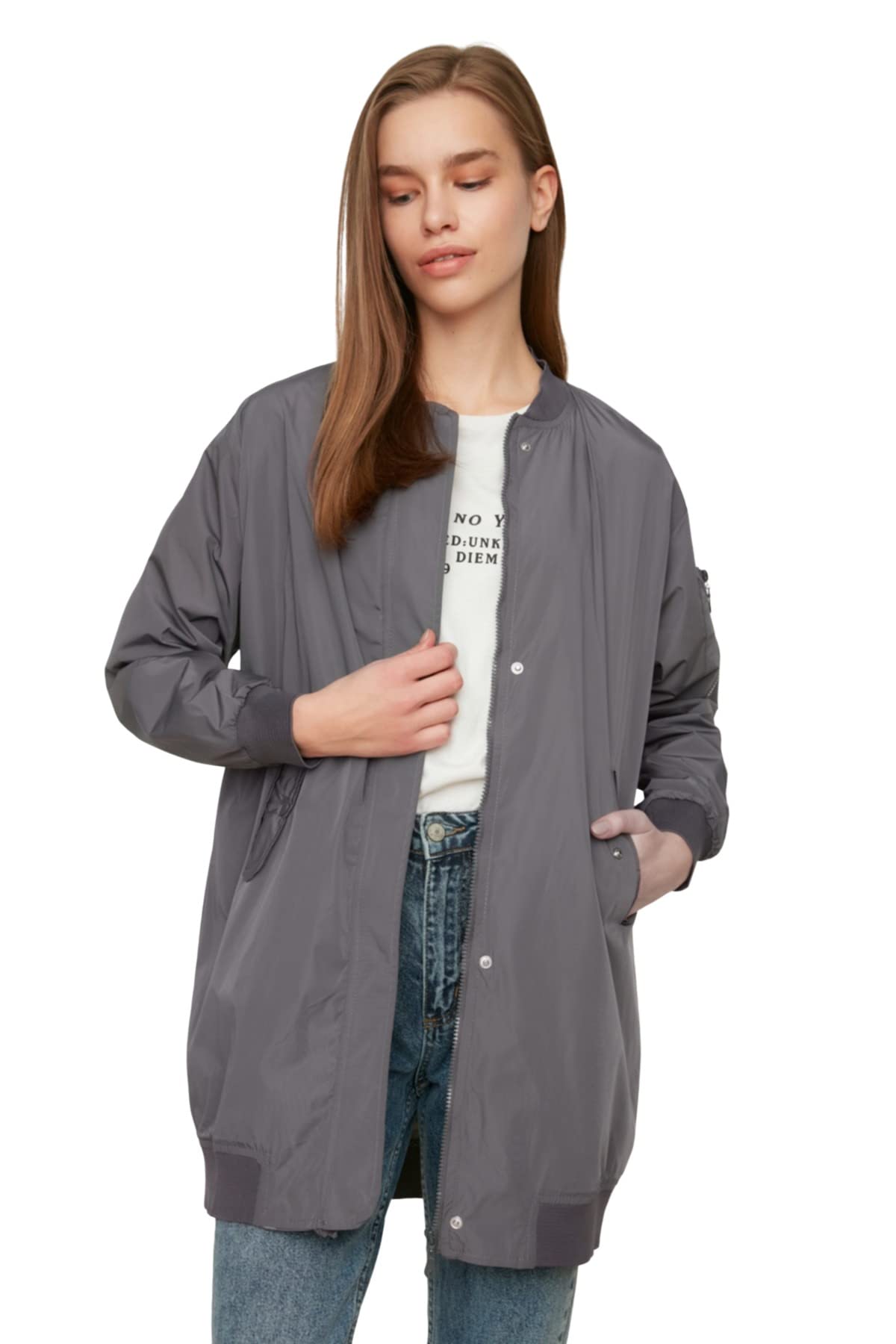 Trendyol Women's Bomber Collar Plain Regular Winterjacket Coat, Gray, 36