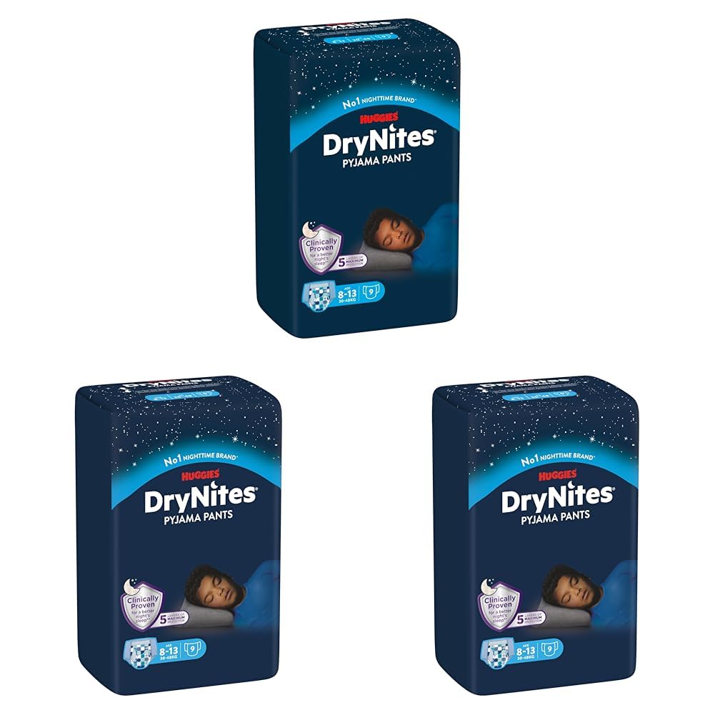 Huggies DryNites hochabsorbierende Nachtwindeln bei Bettnässen, für Jungen 8-13 Jahre (30-48 kg), 27 Stück (3 x 9 St.), Windel-Pants (Packung mit 3)
