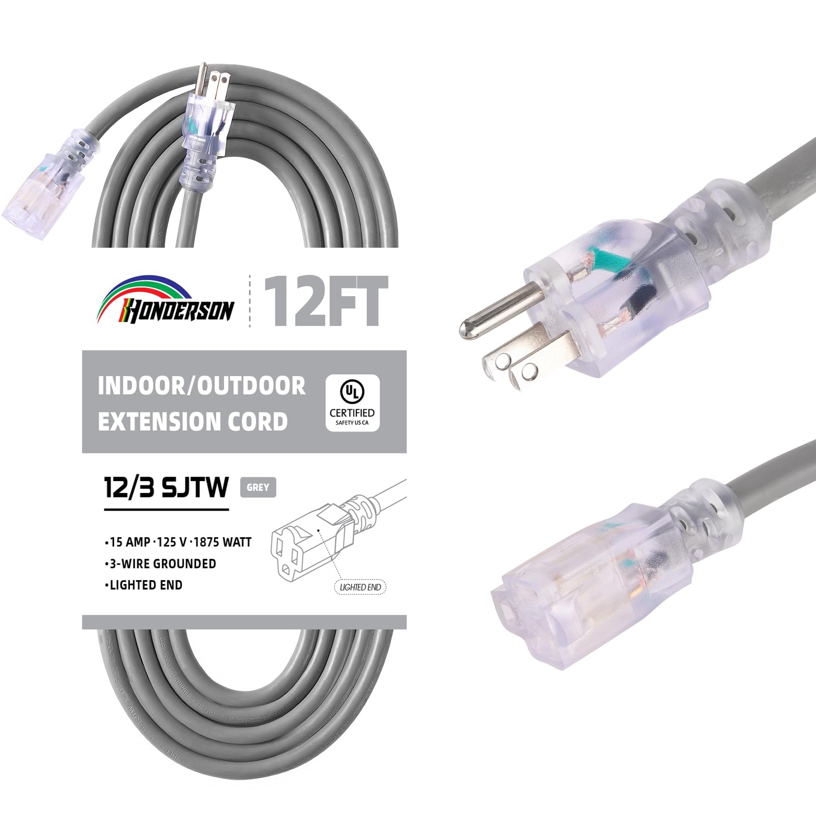 Cable de extensión para exteriores con iluminación de 12 pies, 12/3 – Calibre 12 3 puntas SJTW resistente cable de extensión gris con enchufe de 3 puntas para mayor seguridad, listado UL