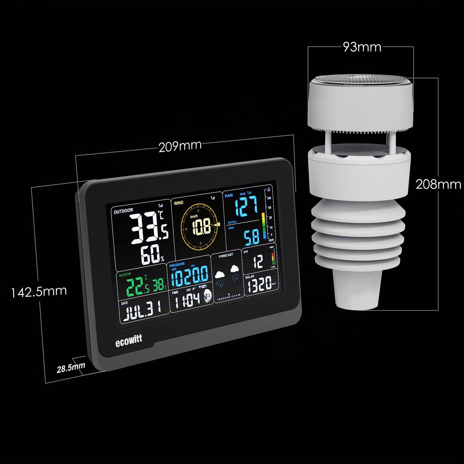 ECOWITT estación meteorológica inalámbrica WS3901, 7 en 1 Jardín Tiempo Unidad al aire libre WS90, 7.5 pulgadas 3 en 1 Wifi Interior LCD Color Consola para el hogar, IOT Smart Control