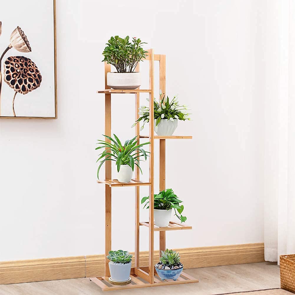Ejoyous Scaffale per Piante in Legno di Bambù, 5 Strati, 6 Vasi, Porta Piante da Balcone, Soggiorno, Giardino, Patio, per Decorazioni Floreali