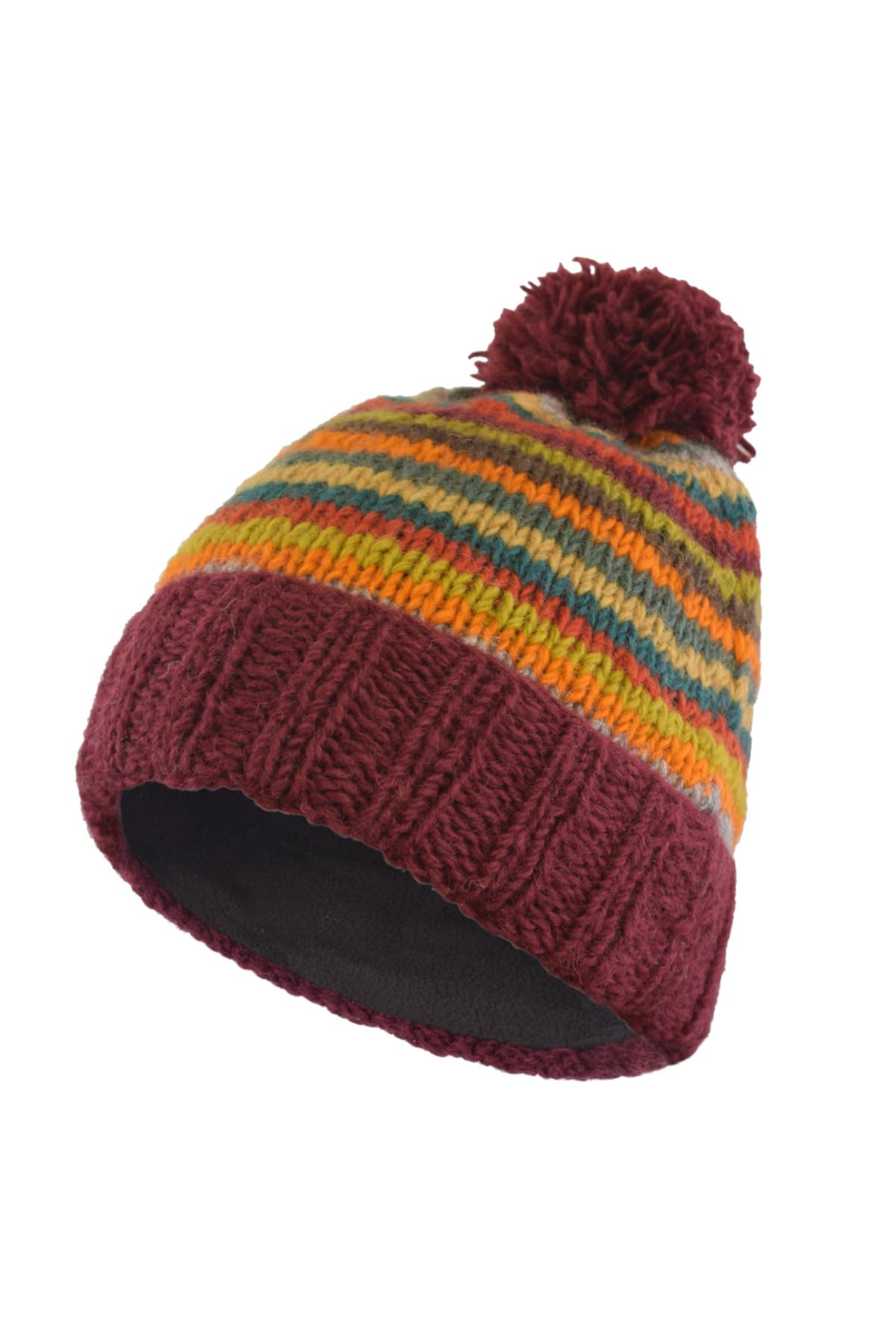 Pachamama Bonnet à pompon en laine pour femme avec doublure en polaire - Rayures marron multicolore - Taille unique - Fait à la main - Commerce équitable, Multicolore, Taille unique