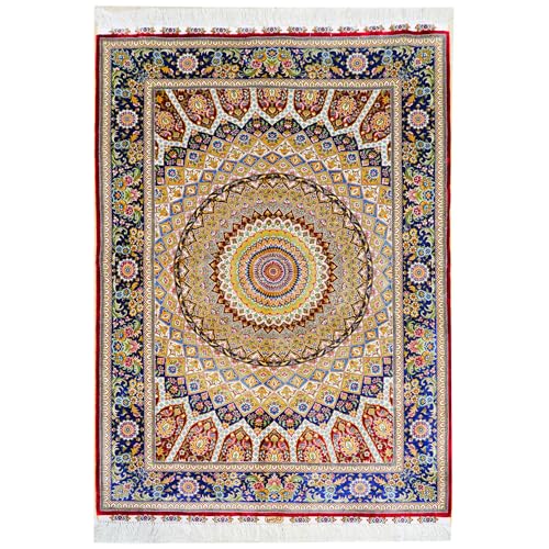 Yuchen Rug Silk Rug 4x6 Blue Hand Woven Vintage Medallion Oriental Silk Rug for Living Room