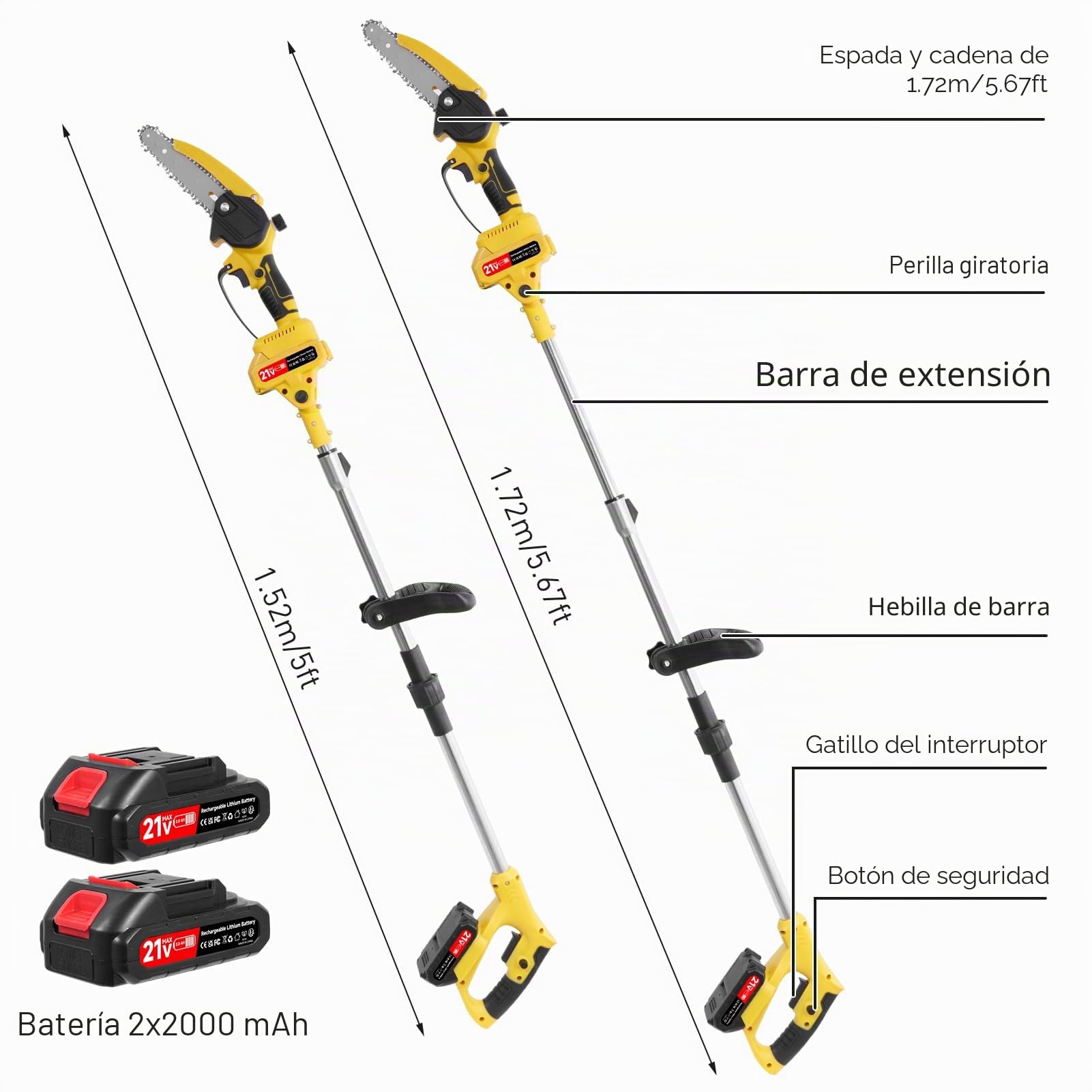 Podadora telescópica 2 en 1 con batería, podadora eléctrica de 6 pulgadas, podadora de ramas de 21V con 2 x 2000mAh, motosierra manual para podadoras de ramas y corte de madera