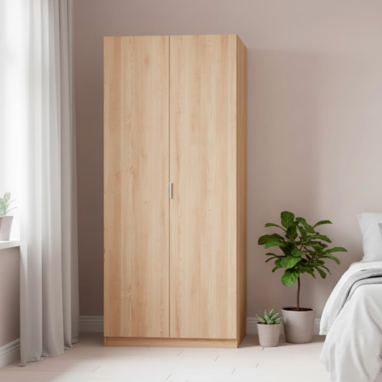 Bricozone Armadio Guardaroba 2 Ante Battenti Salvaspazio Con Asta Appendiabiti E Ripiano Interno Struttura In Melaminico Finitura Rovere 81x52x180 Cm (Rovere chiaro)