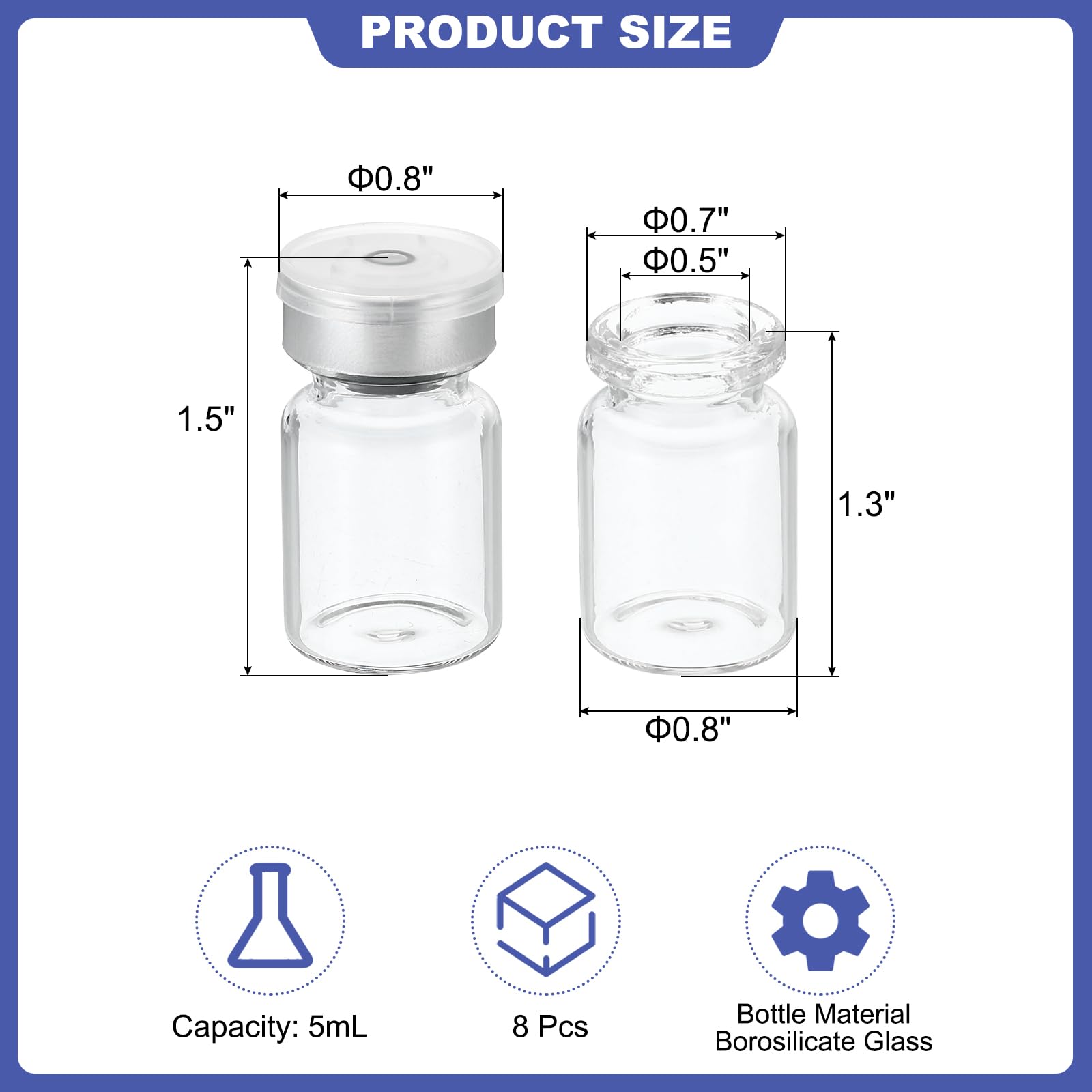 PATIKIL 5ml Fiale Esemplare, 8pz Fiale Vuote Laboratorio con Tappo Gomma Butilica Tappi Superiori Crimpare Fiala Vetro Borosilicato, Trasparente