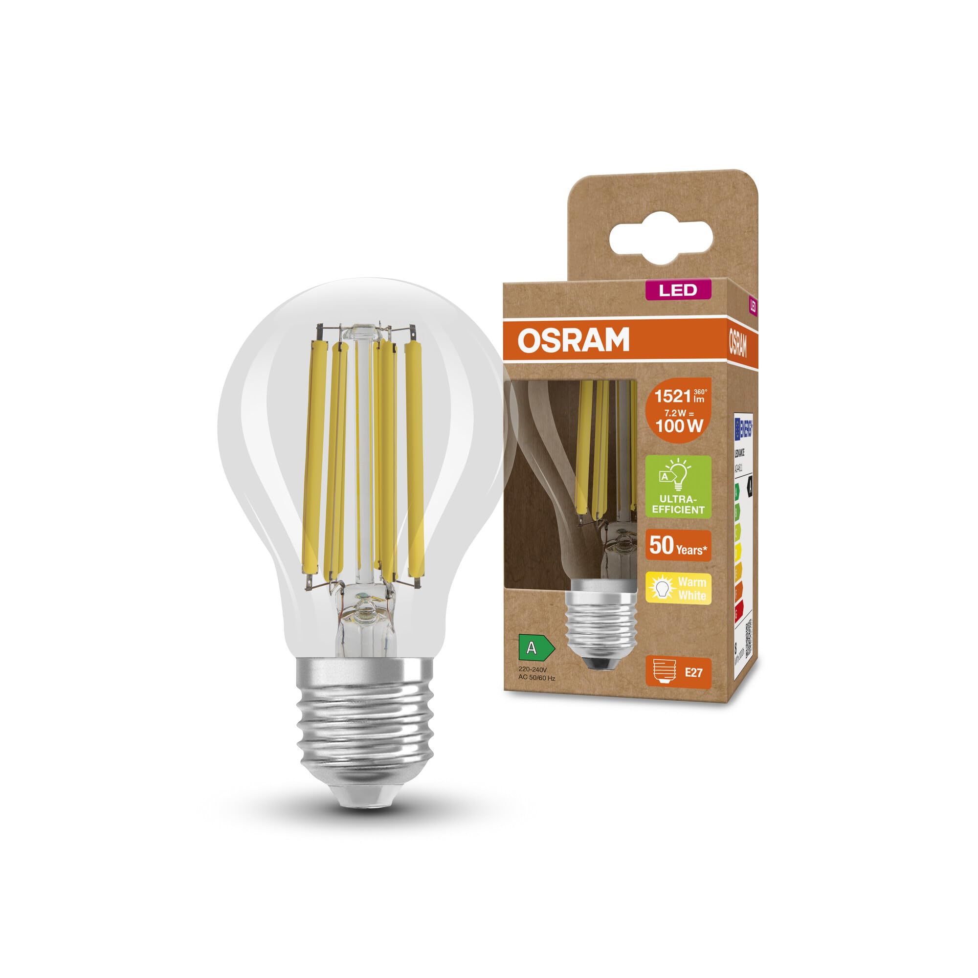 OSRAM LED Energy Saving lamp, Filament Bulb, E27, Warm White (3000K), 7.2 watts, Replaces 100W Bulb, Highly efficient and Energy Saving, Pack of 1