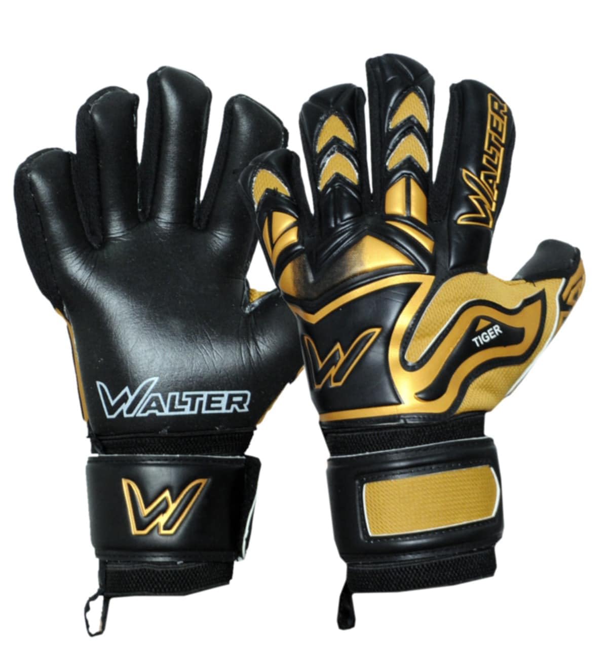 WALTER Guanti Portiere Professionale, calcio, modello Tiger con stecche. (black-gold, 8)