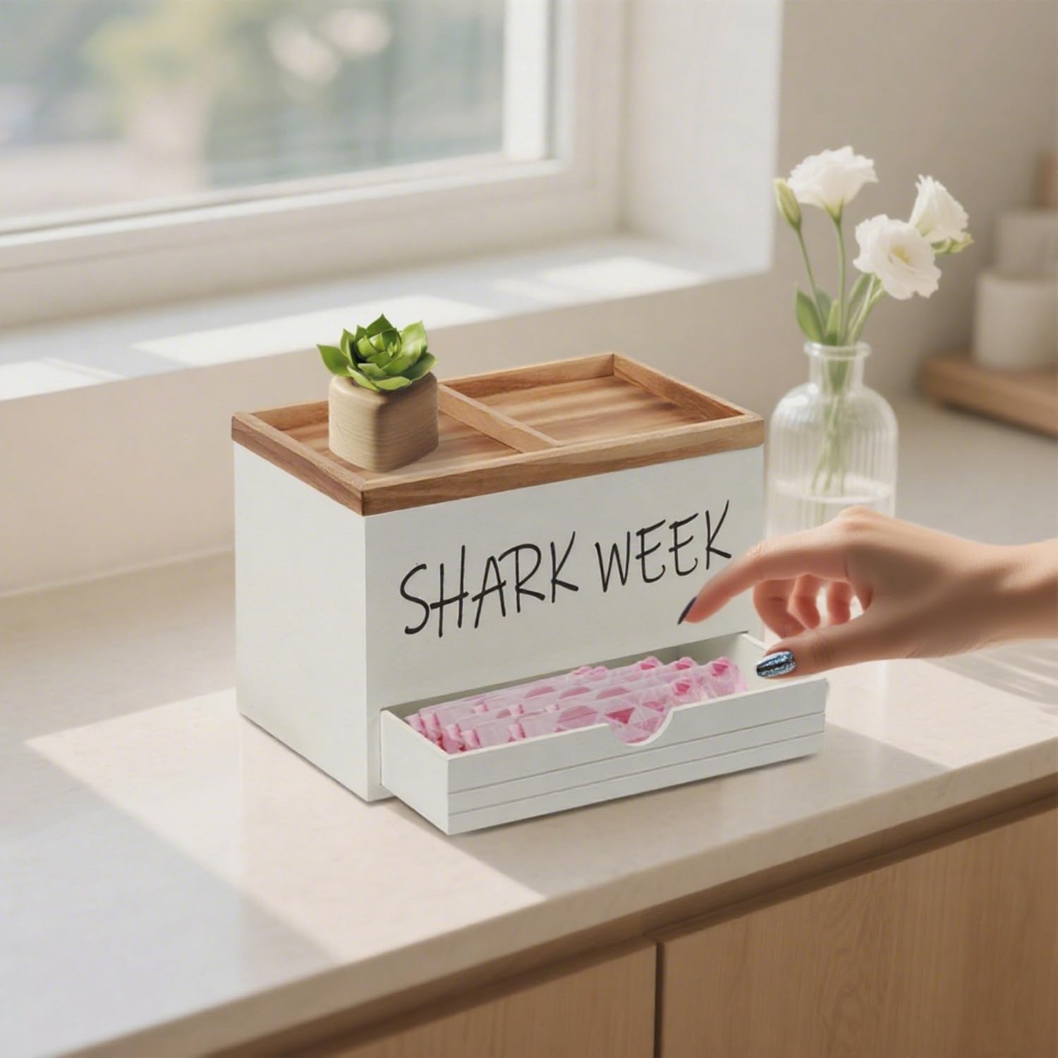 JUJOYBD Tampon Storage Box 3 Compartments with Lid and Drawer - Image 4