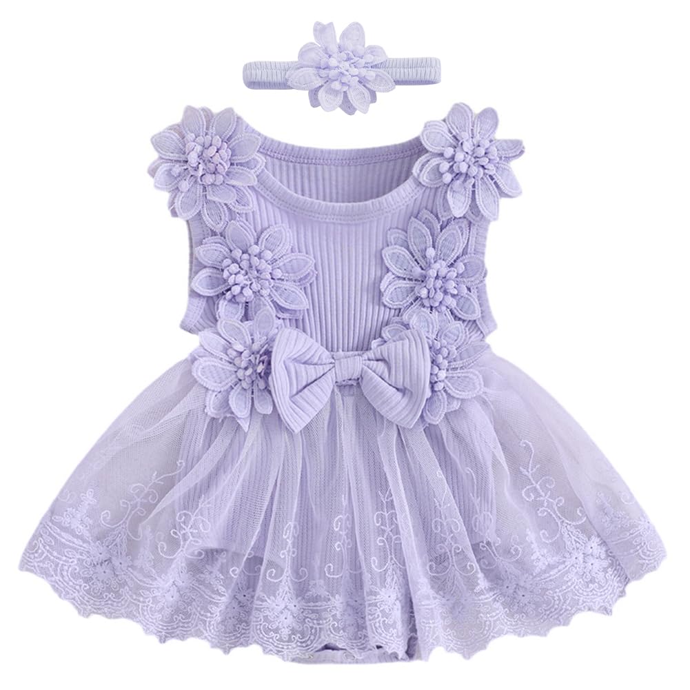 IDOPIP Newborn Girls Sleeveless Floral Tutu Romper Dress Infant Birthday Cake Smash Outfit Lace Ruffle Knitted Mesh Dress Flower Girl Wedding Party Baptism Dress with Headband Purple 12-18 Months