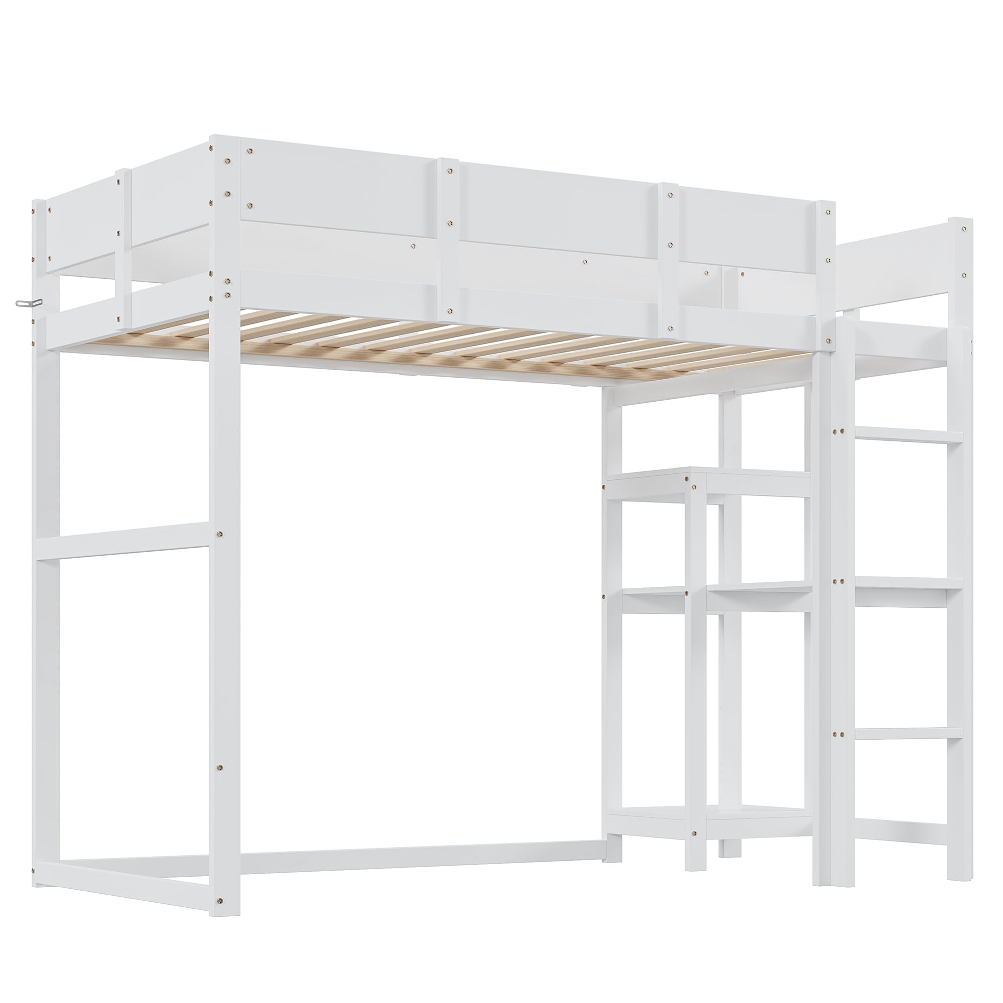 Aoskem Kinderbett Hochbett 90x200, Etagenbett Hausbett mit Leiter, Stauraum Regale und Schreibtisch, Holzbett Einzelbett Jugendbett Bettgestell mit Rausfallschutz und Lattenrost, Ohne Matratze Weiß