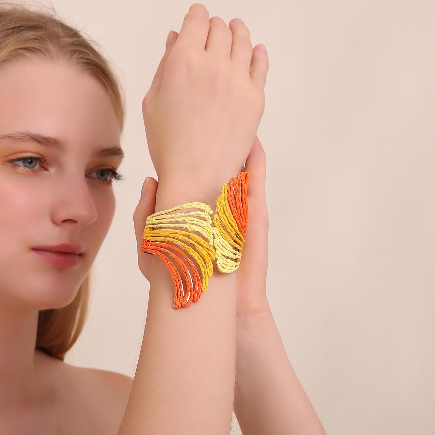 Raffia Wing Cuff Bracelet for Women, Colorful Angel Wing Bangle Wide Chunky Wrist Cuff Bracelet - Image 2