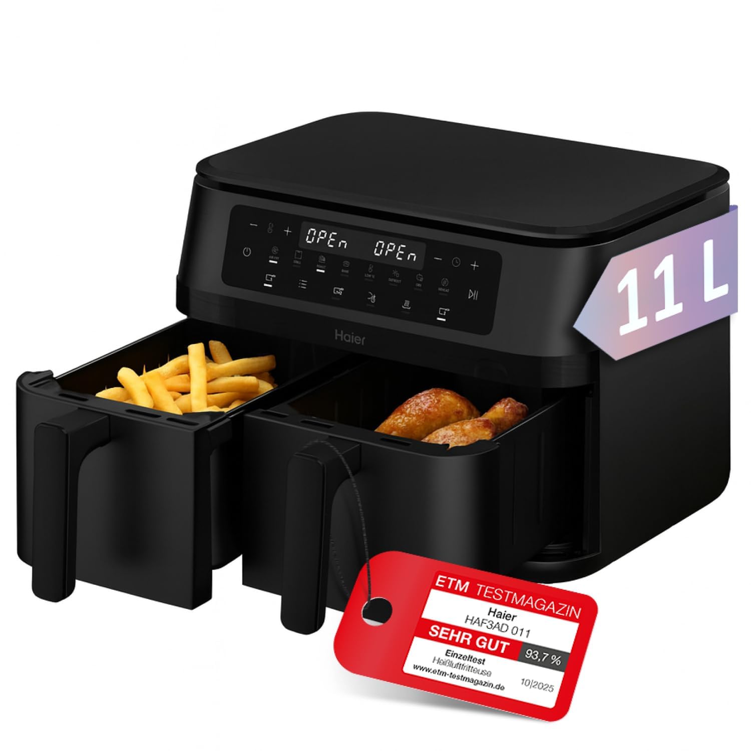 Haier Heißluftfritteuse 2 Kammern I 11 L Airfryer Doppelkammer I Kammern flexibel & unabhängig einstellbar I 8 Funktionen I Antihaftbeschichtung, spülmaschinenfest