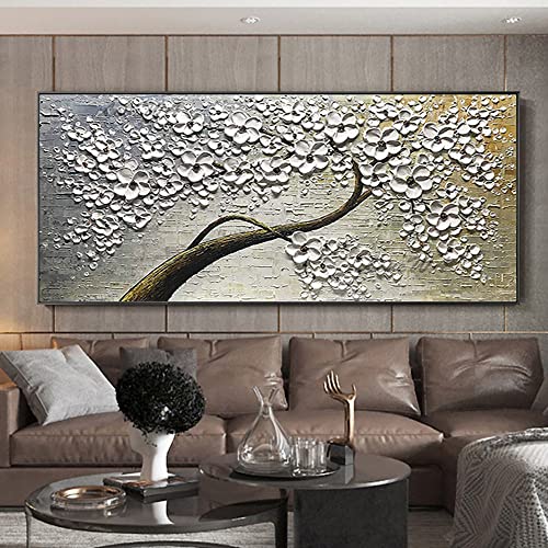 Peinture sur toile peinte à la main dorée, œuvre d'art grand arbre blanc pour sublimer votre foyer