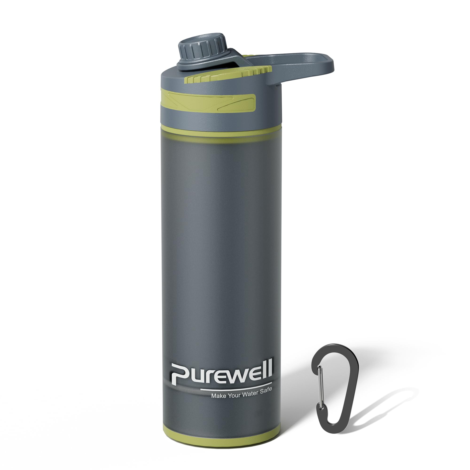 Purewell - Botella filtrante para exteriores, 500 ml, sistema de prensa y bebida, filtro 99,999% de bacterias, virus, cloruro y olores, capacidad de filtración, 10000 L, para camping, senderismo