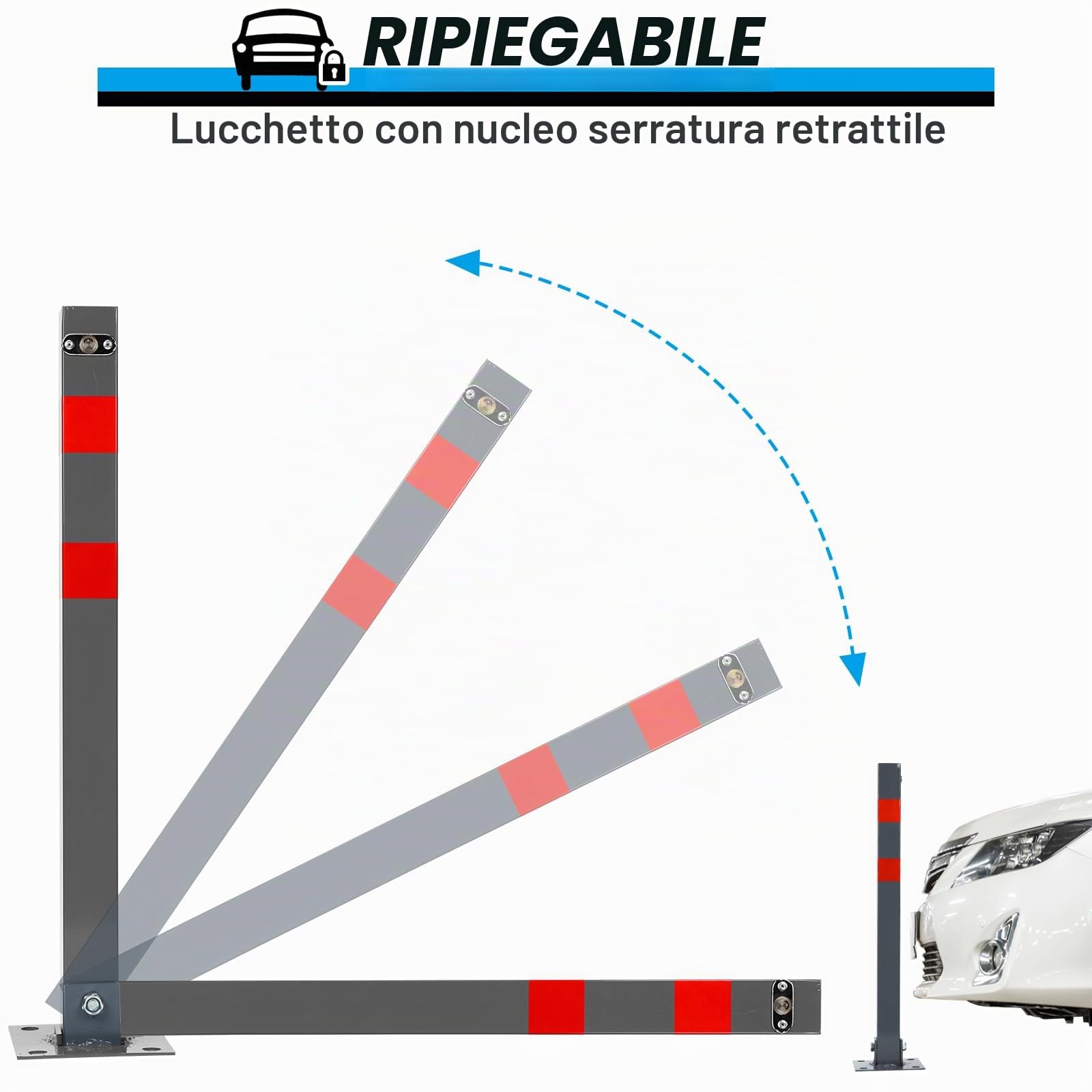 Sonnewelt 2x Paletti per parcheggio Barriera per parcheggio con 3 chiavi, Barriere per parcheggio con strisce riflettenti, Paletti di sbarramento pieghevoli, Acciaio robusto Base stabile Paletti per