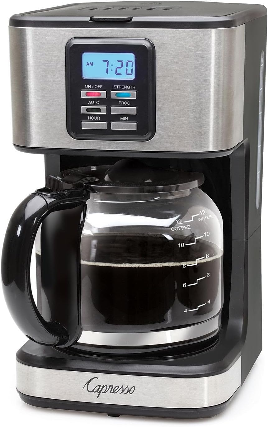 - 12-Cup Programmable Coffee Maker with Glass Carafe, Auto Brew Function, Brew Pause Feature, Gold-Tone Filter, 2-Hour Auto Shut-Off, Water Level Indicator, Nonstick Warming Plate for Home Office Kitche