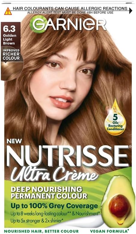 Garnier Nutrisse Ultra Crรจme Vegan Hair Dye, 6.3 Golden Light Brown. Delivers 100% grey coverage and radiant 8-week golden light brown colour. Gentle, no-ammonia, and vegan for a luminous finish.