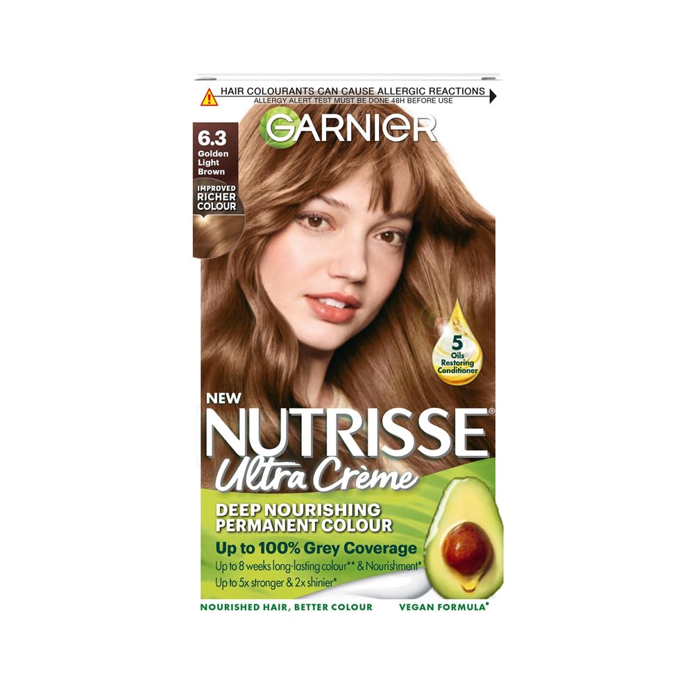 Garnier Nutrisse Ultra Crème Vegan Hair Dye, 6.3 Golden Light Brown. Delivers 100% grey coverage and radiant 8-week golden light brown colour. Gentle, no-ammonia, and vegan for a luminous finish.