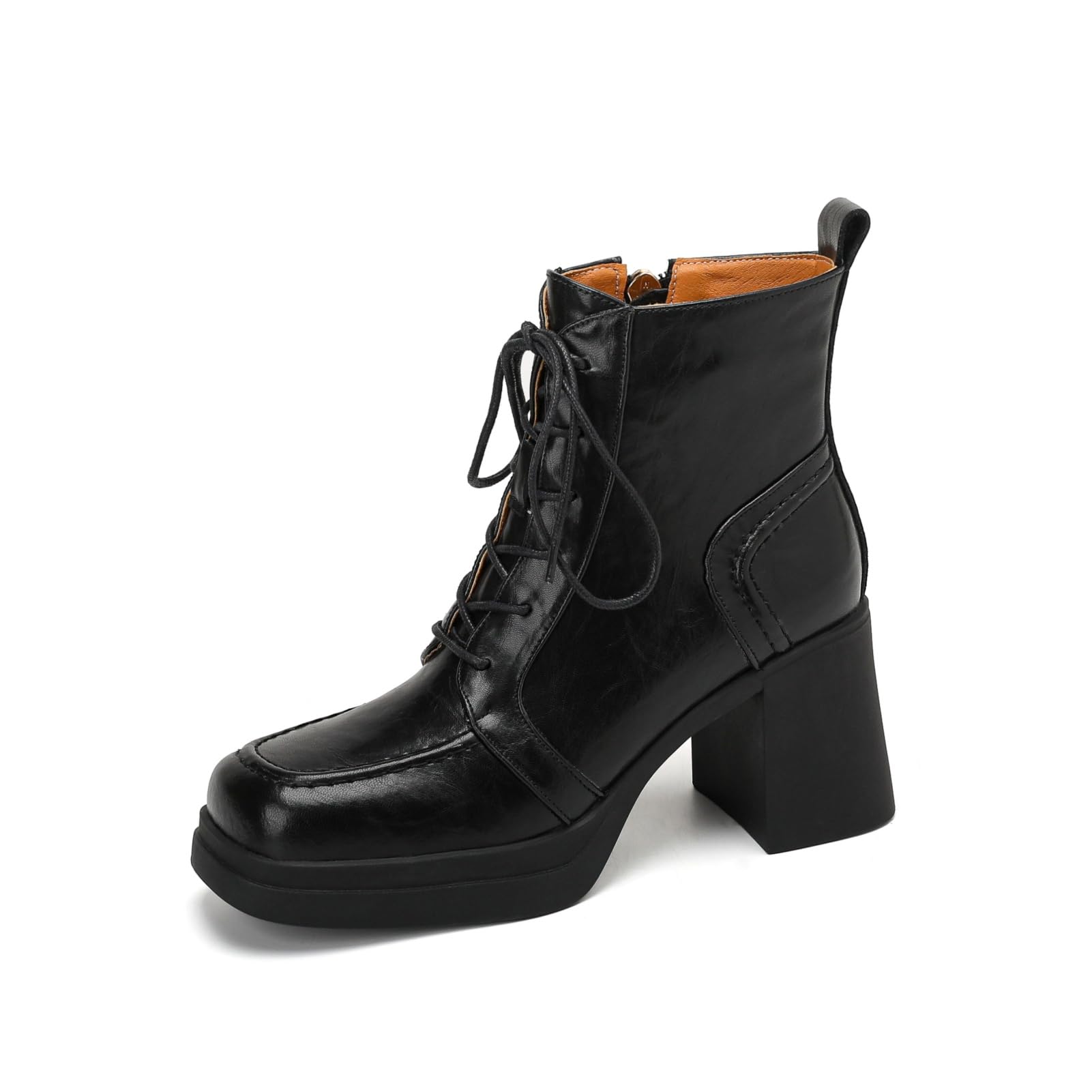 TinaCus Genuine Leather Platform Chunky Heels Ankle Boots Handmade Zipper Selftie Womens Square Toe Booties