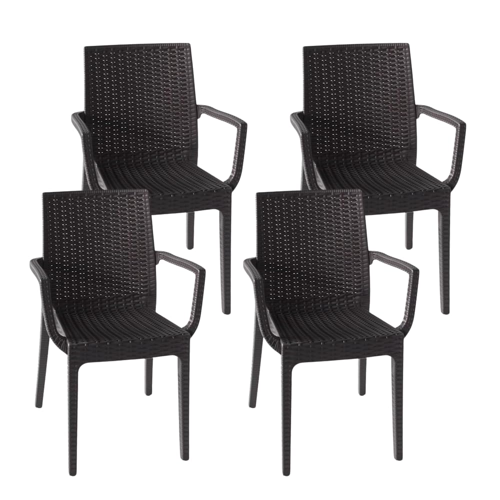 PALUPLUS Set 4 Sedie da Giardino con Braccioli in Polipropilene effetto Rattan ANTRACITE 56x46x81 cm Sedia Impilabile per Esterno ed Interno Made in Italy