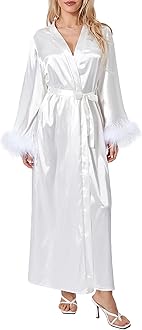 DomisolaWomens Kimono Robes Satin Dressing Gown Feather Trim Bathrobe Nightdress V-Neck Long Sleepwear for Party Loungewear