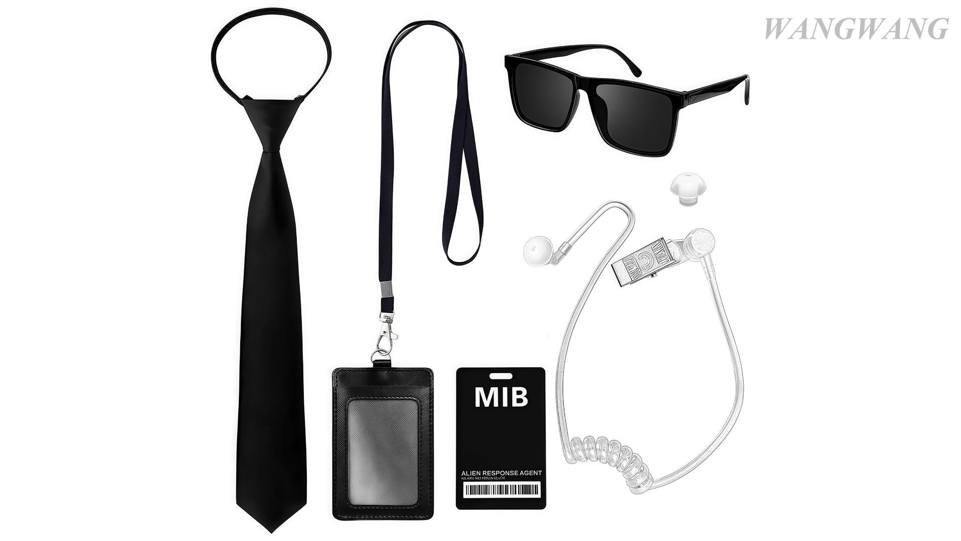Veiligheidsdienst-agent-kostuumset, stropdas met ritssluiting, zonnebril, ID -kaart, headset voor mannen, jongens, Halloween-feesten, rollenspellen, veiligheid op de bruiloft