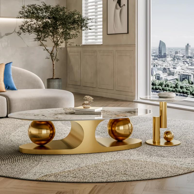 Image of Vandana Interiors Modern 55.12 inch White and Gold Slate Coffee Table
