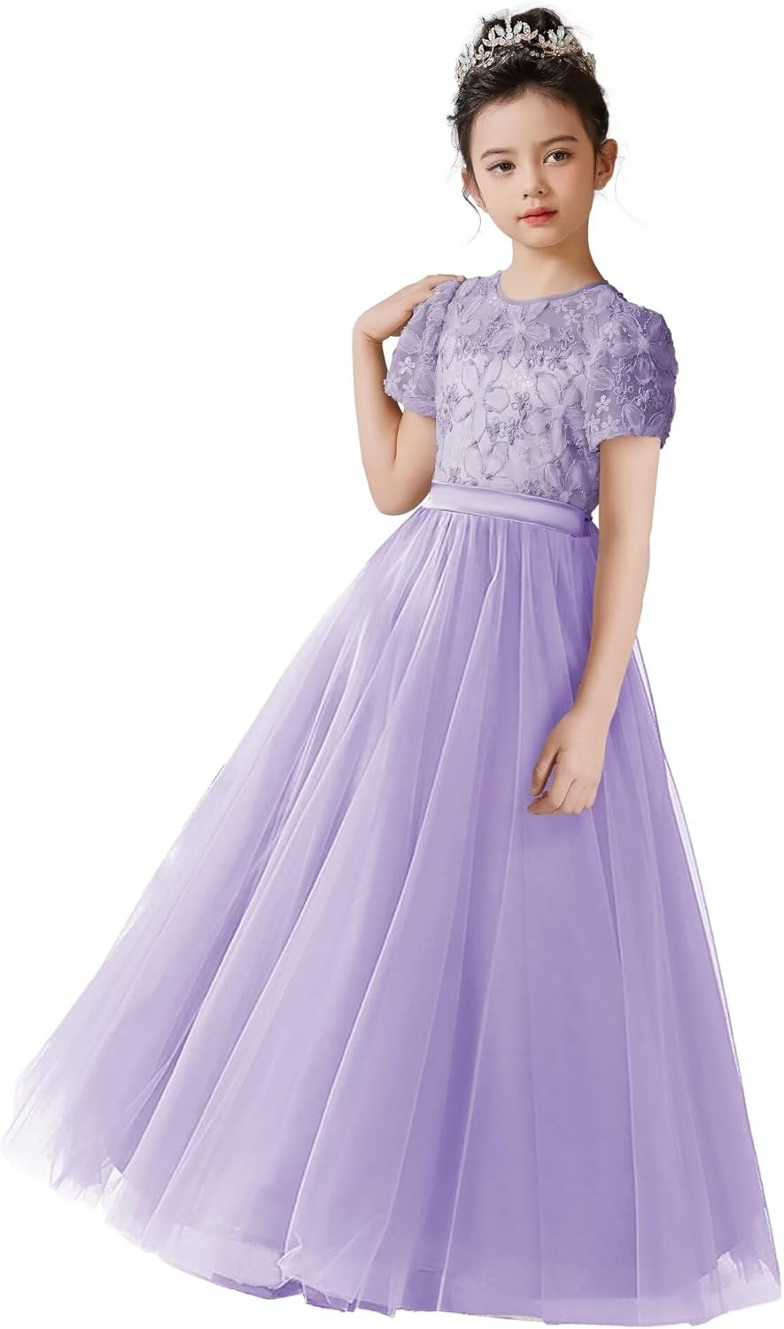 [dideyttawl] ピアノ発表会 ドレス 上品 マルチメッシュ ポンポンスカート 花柄刺繍レースメッシュスカート 中学生 ロン