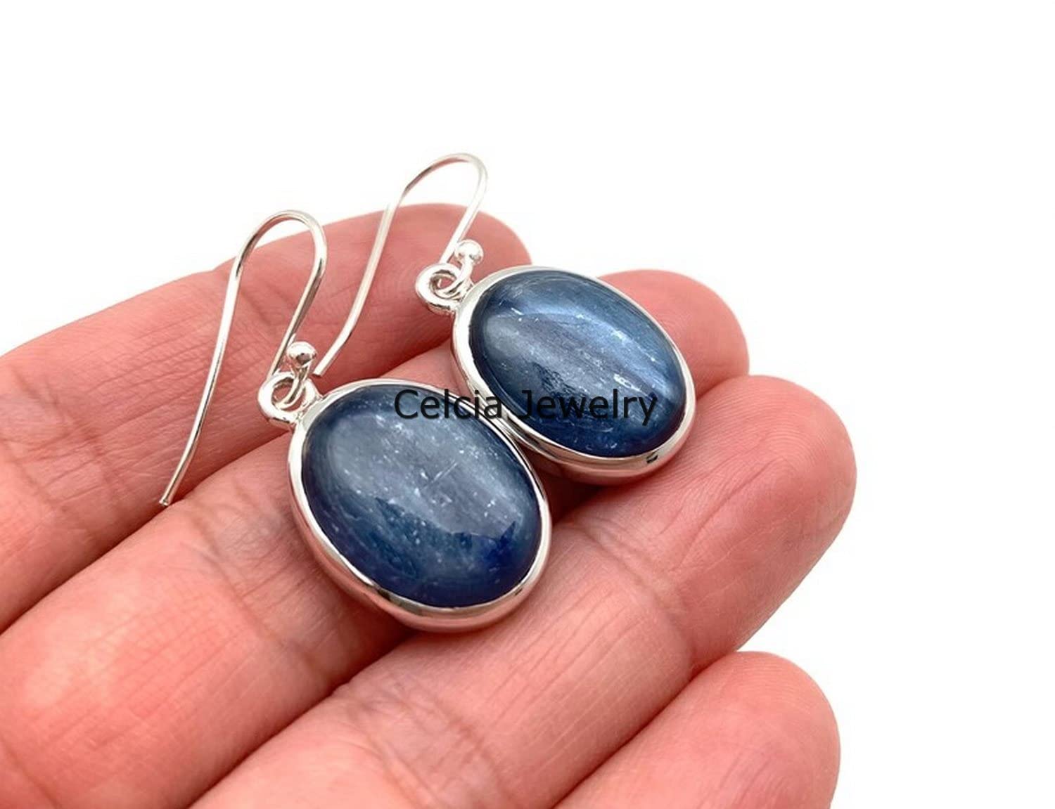 Pendientes colgantes de lágrima de plata de ley 925 auténtica para mujer, pendientes hechos a mano únicos de piedra preciosa azul ovalada de cianita natural para ella
