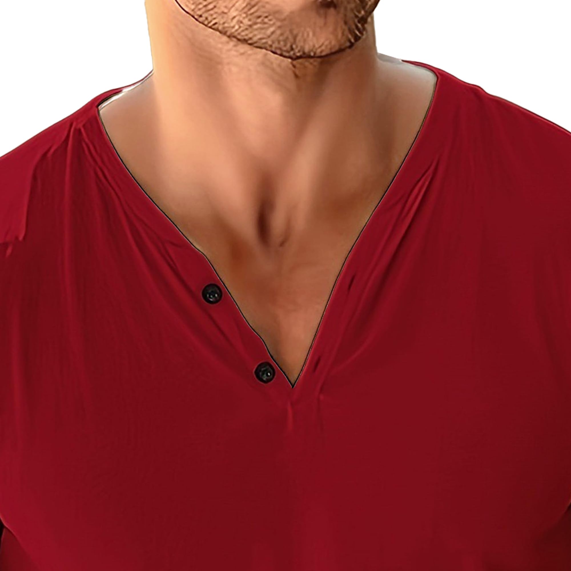 Men V-Neck Convenient Breathable Shirt Sweat-Wicking Casual Button Sports T-Shirt Summer Short Sleeve Pullover Tops (Red,Small)