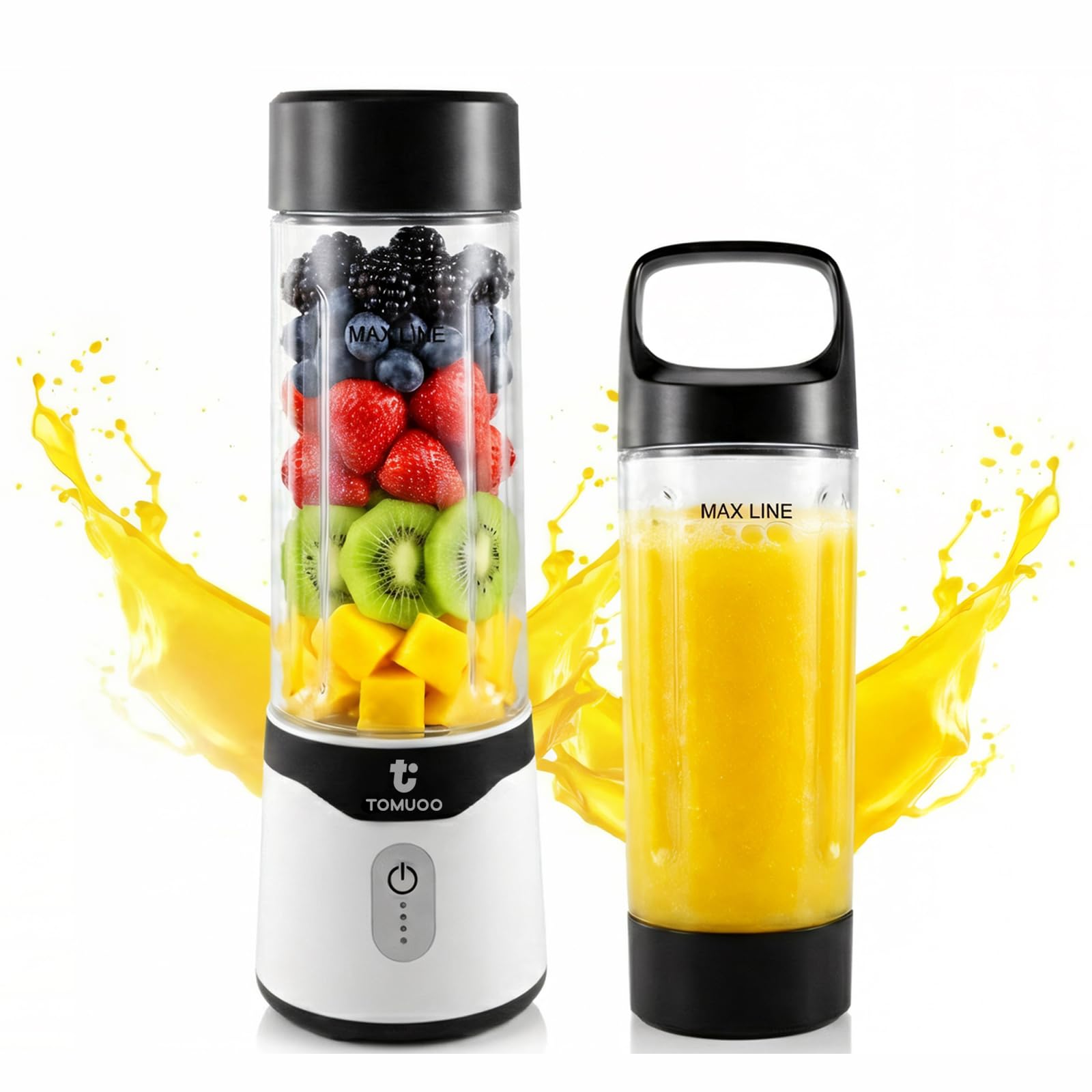 TOMUOO Portable Blender for Smoothies and Shakes, 500ML Personal Mixer with 6 Blades and USB-C Rechargeable, Portable Mixer Cup Fruit Juicer Mini blender with Lid for Travel Sports Kitchen,Black